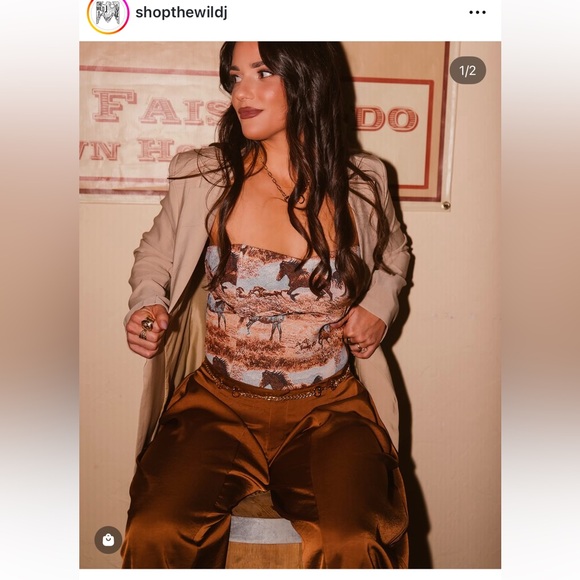 NWT The Wild J Satin Camel Brown Palazzo Pants - Picture 3 of 8